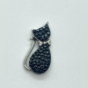 925 Sterling Silver & Black Crystal Kitty Cat Pendant | .9” L x .4” W